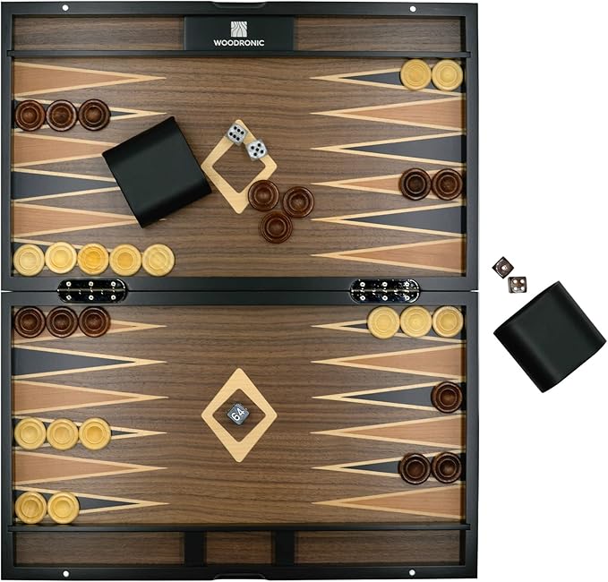 Woodronic 15" Wooden Backgammon Set for Adults, Folding Classic Board Game, Best Strategy Game and Smart Game of Tactics, Walnut Mahogany Case