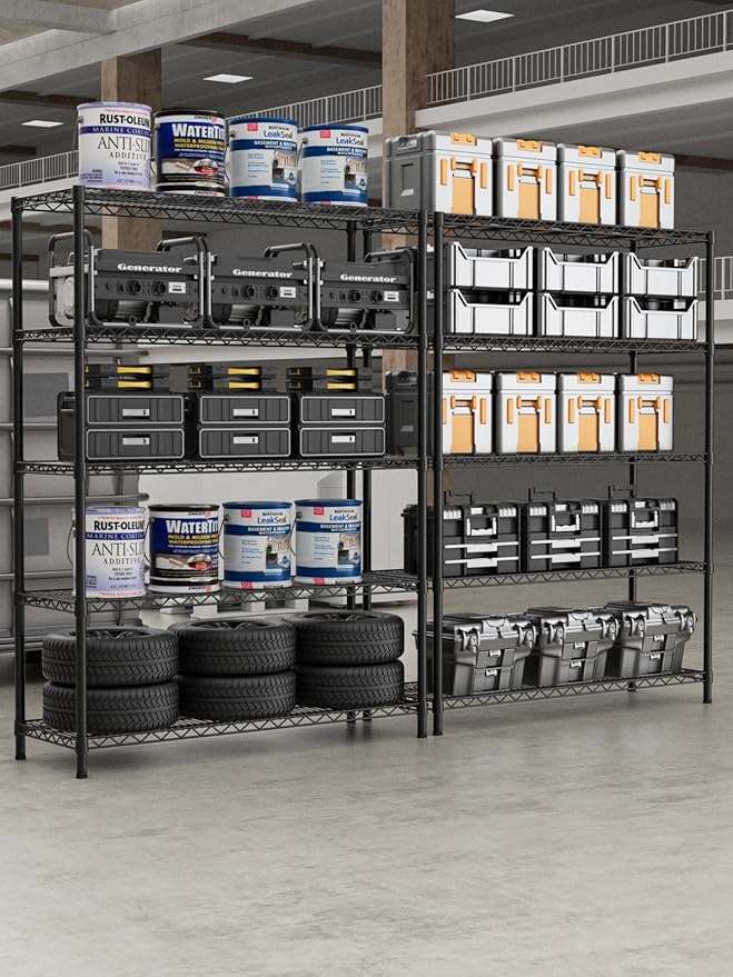 5 Tier Adjustable Storage Shelves Heavy Duty Metal Utility Shelf 1750LBS Capacity Wire Shelving Unit Organizer Rack for Home Kitchen Garage Pantry Room 18" D x 46" W x 77" H Black