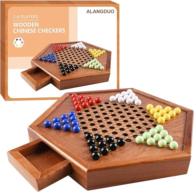 Wooden Chinese Checkers with Drawers 12 Bonus Spare Marbles| Natural Wooden Board Game| Includes 60 Colorful Acrylic Marbles | Family Board Game for Kids and Adults(12.7 Inches)