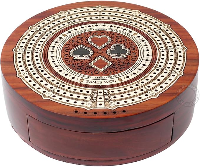 Round Shape 3 Track Non-Continuous Cribbage Board - Push Drawer Storage for Pegs and 1 Deck of Cards with Score Marking Fields for Won Games (Bloodwood/Maple Wood)