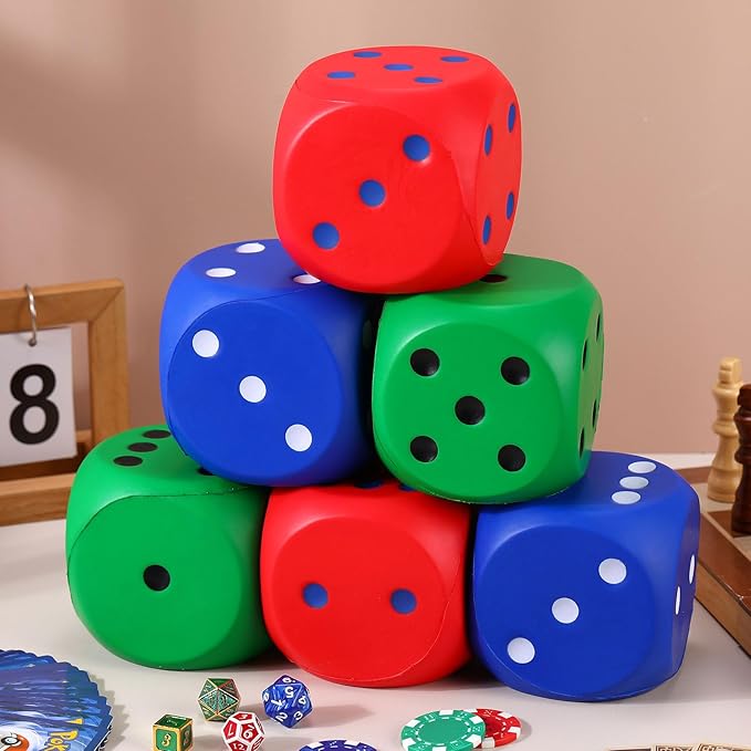 6 Pcs 4" Large Foam Dice Giant Cube with 6 Sided Number Dots Jumbo Soft Slow Big PU Foam Stress Ball for Party Game Math Learning Props Stress Relief Gifts(Colorful)