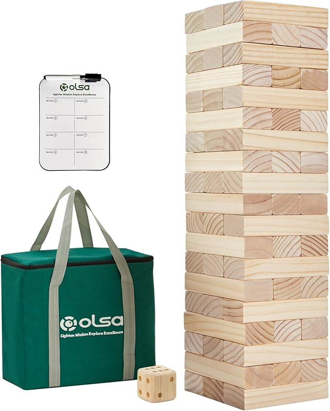 Olsa Giant Tumble Tower 57PCS Wooden Block Stacking Yard Games with Carrying Bag Classic Indoor & Outdoor Game for Adults and Family Party Games for Backyard Lawn Beach Camping (Over 4.2 Ft)