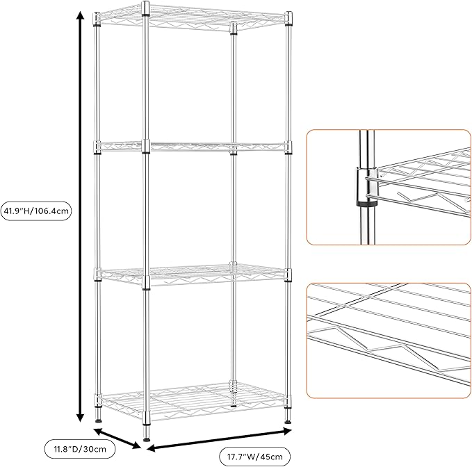 4 Tiers Shelf Metal Storage Shelves Wire Rack Closet Organizers with Wheel for Garage Kitchen Bathroom Laundry Chrome 11.8" D x 17.7" W x 41.9" H