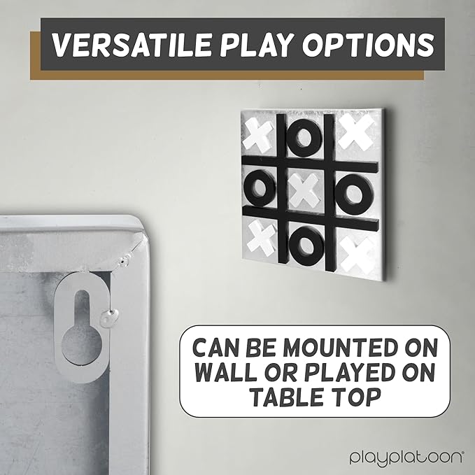 Play Platoon Magnetic Tic Tac Toe Game - Large Metal and Wooden Wall Mounted Board Games - 13.5 Inch Table Top or Wall Mounted Farmhouse Rustic for Game Room - Black & White
