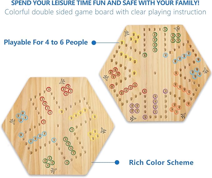 Original Marble Game Wahoo Board Game Double Sided Painted Wooden Fast Track Board Game for Family Friends and Party 6 and 4 Players 6 Colors 24 Marbles 6 Dice