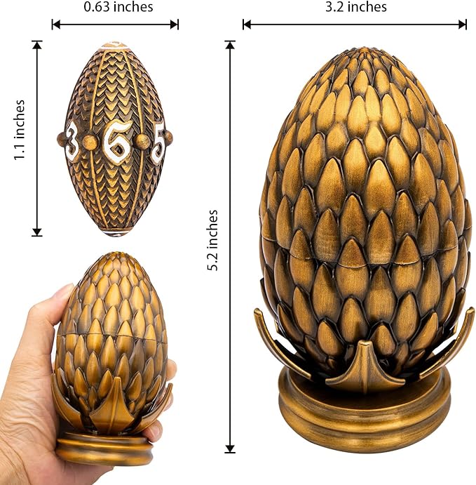 ARUOHHA DND Metal Dice Antique Gold Dragon Egg Dice with Rotating Dragon Egg Shell, Role Playing Game RPG Polyhedral D and D Dice Set D20 D12 D10 D8 D6 D4