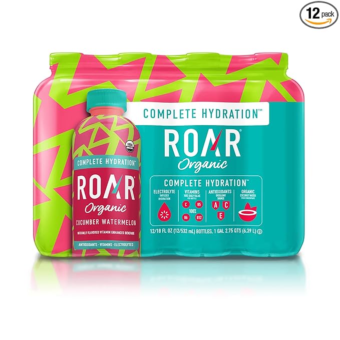 Roar Organic Electrolyte Infusions - USDA Organic - Cucumber Watermelon - with Antioxidants, B Vitamins, Low-Calorie, Low-Sugar, Low-Carb, Coconut Water Infused Beverage 18 Fl Oz (Pack of 12)
