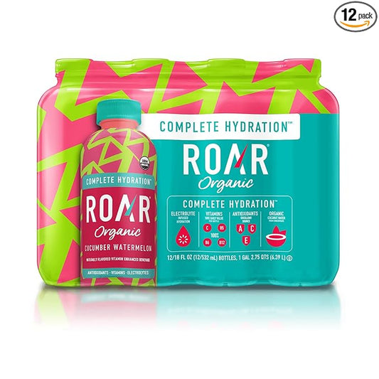 Roar Organic Electrolyte Infusions - USDA Organic - Cucumber Watermelon - with Antioxidants, B Vitamins, Low-Calorie, Low-Sugar, Low-Carb, Coconut Water Infused Beverage 18 Fl Oz (Pack of 12)