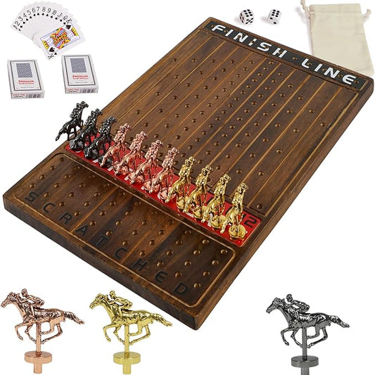 Horse Race Board Game Racing Game Thickened Solid Wood with 11 Luxurious Durable Classic Metal Horses with 2 Dice and 2 Boxes of Cards Horse Racing Game (Rustic Brown, Rectangle)