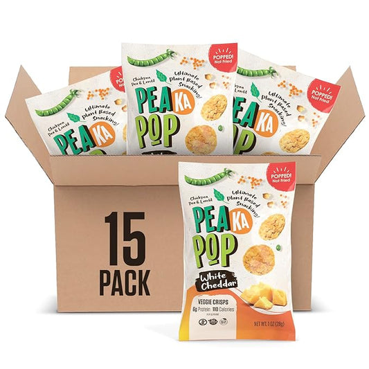 PeaKaPop Veggie Chips – Plant-Based, Healthy Veggie Crisps with Pea, Lentil & Chickpea Protein – Vegan, Gluten-Free, Popped Chips – Snack Size for Kids & Adults – 1 oz Bags (15-Pack) – White Cheddar