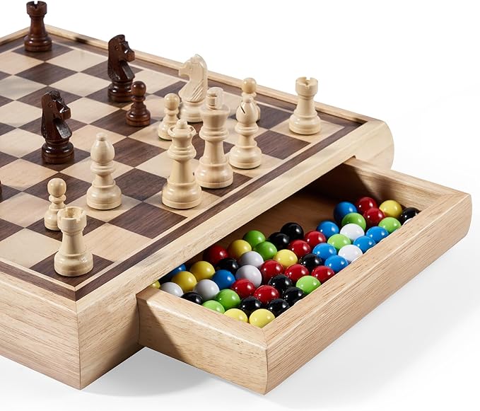 VAMSLOVE 13" Chess Chinese Checkers 2 in 1 Wooden Board Game Set with Pieces Storage Drawer - 2 Extra Queens, Bonus Marbles, for Birthday Gift (Instructions Included)