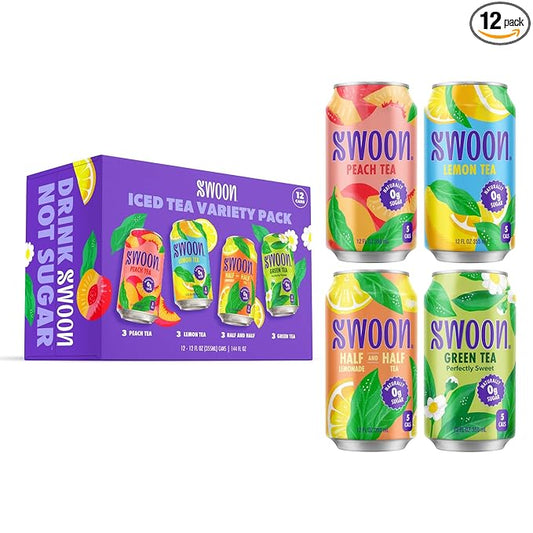Swoon Iced Tea Variety Pack - Low Carb, Paleo-Friendly, Gluten-Free Keto Drink - Half + Half IcedTea Lemonade, Peach Iced Tea, and Lemon Tea - 12 fl oz (Pack of 12)