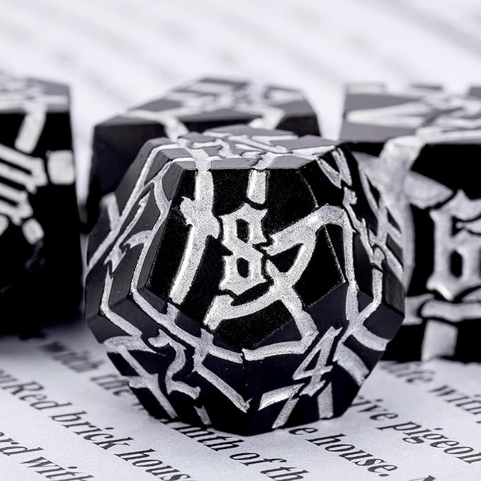 D&D Stripe Dice Set,Black Metal Dungeons and Dragons Dice Set with Box, Crack Polyhedral Dice for RPG Board Games (Matte Black Silver)