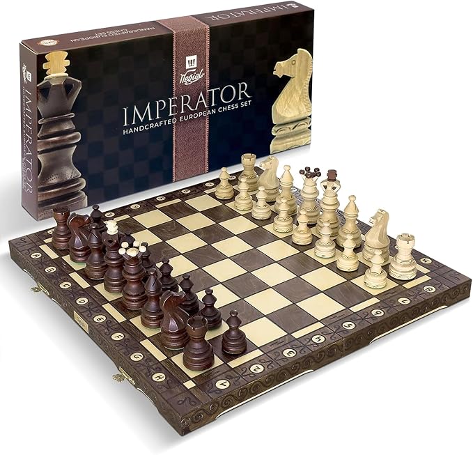 Wegiel Imperator 21-Inch Luxury Wooden Chess Set for Adults and Kids - Handcrafted from Premium Beech and Birch Wood - Unique Folding Design with Chess Piece Storage, Brown