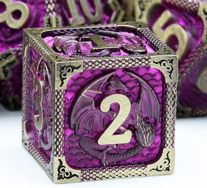 Haxtec Metal Dice Set Purple Black Dragon Pattern Metal DND Dice with Leather Dice Bag Polyhedral D&D Dice for Dungeons and Dragons TTRPG Gifts