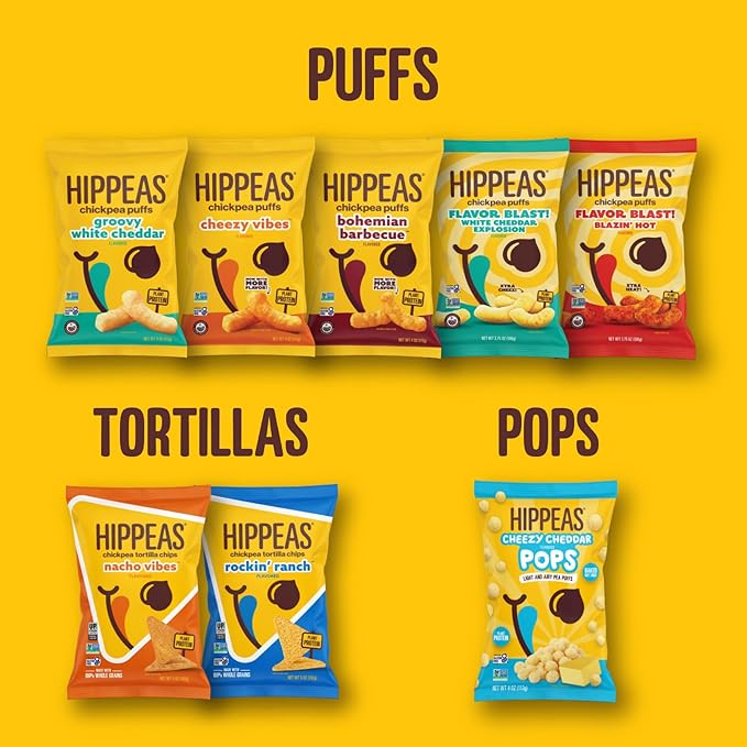 Hippeas Chickpea Puffs, Vegan White Cheddar, 0.8 Ounce (Pack of 18), 3g Protein, 2g Fiber, Vegan, Gluten-Free, Crunchy, Plant Protein Snacks