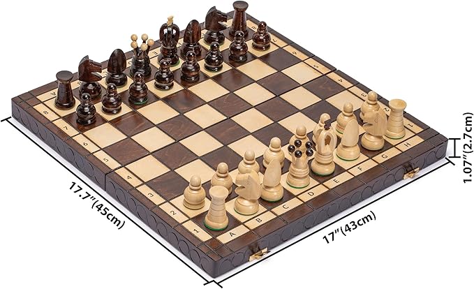 Husaria European International Chess Wooden Game Set, King's Classic - 18-Inch Large Size Chess Set - Folding Board with Felt Bottom Chessmen