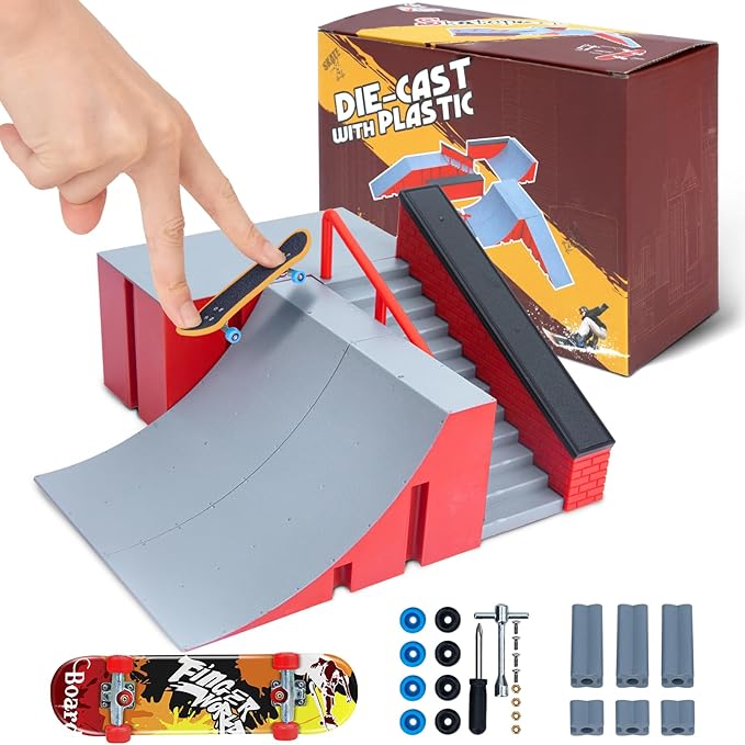 Finger Skateboards Ramp Set, Fingerboard Skatepark Deck with Ramps, Fingerboard Half Pipe Ramp for Kids Adults Fingerboard Training Props Interactive Freestyle Skate Game B