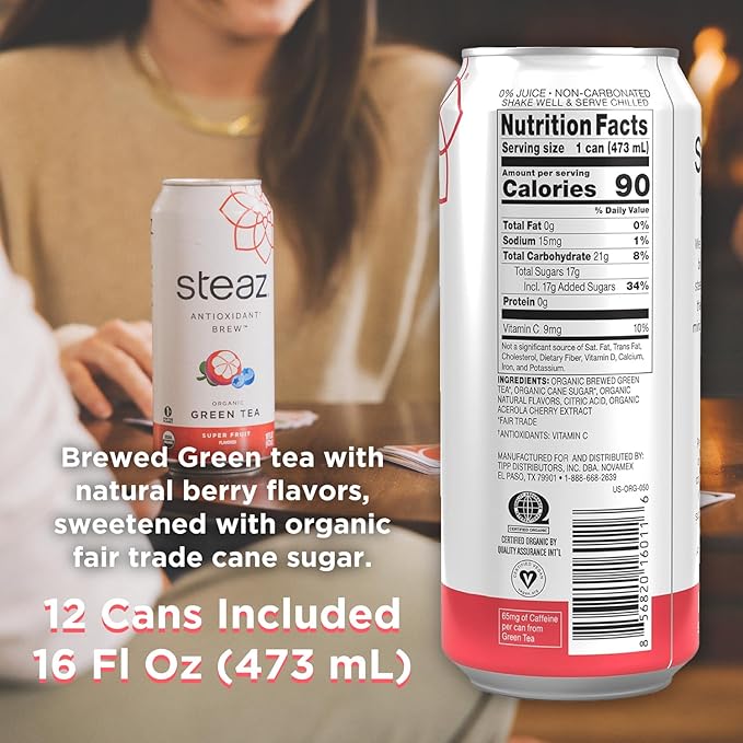 Steaz - Organic Green Tea - Superfruit (12 Pack) - Antioxidant Brew - 65mg Natural Caffeine, 90 Calories, Vitamin C - Cane Sugar Sweetened Iced Tea - Vegan, Fair Trade - 12 Cans, 16 fl oz (473mL)