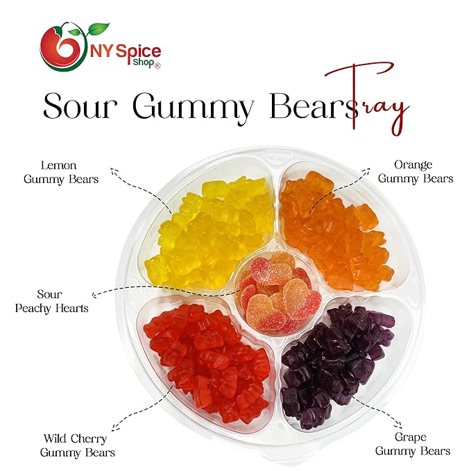 NY Spice Shop Gummy Bears Assorted Candy with Sour Peach Hearts Tray Gift Pack - Variety Pack - 2 Pounds Chewy Trendy Treat Snacks Bulk
