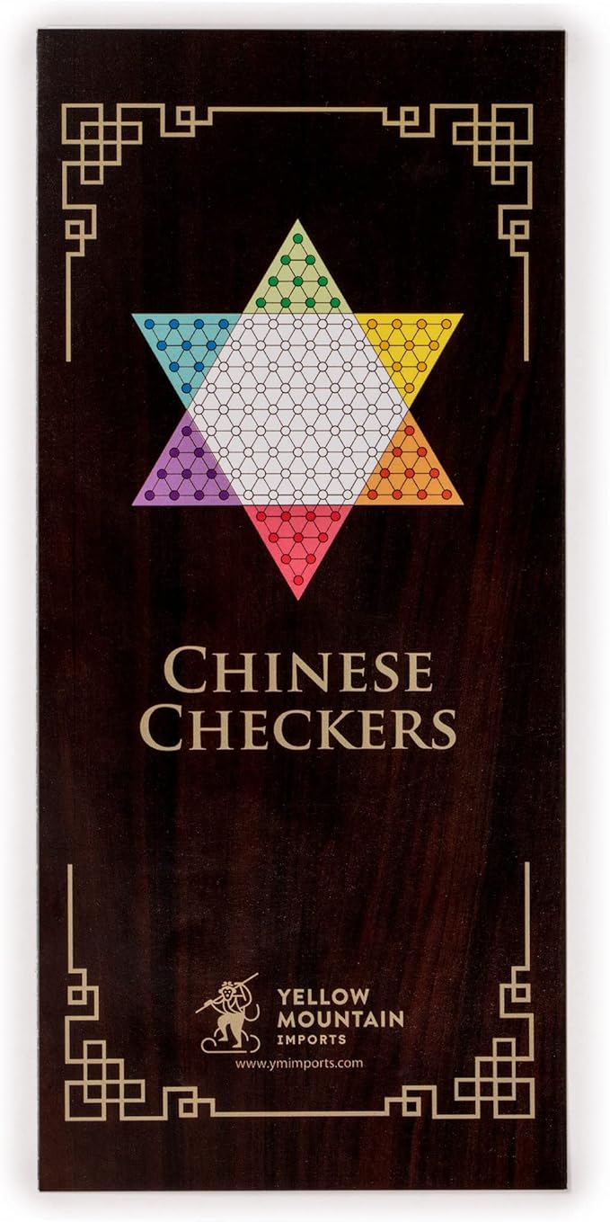 Yellow Mountain Imports Classic Chinese Checkers Halma Board Game Set with Storage, 12.6-inch Wooden Board, and Solid Color 16-Millimeter Glass Marbles
