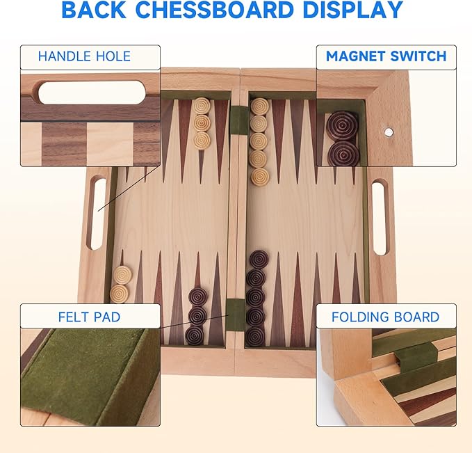 GSE Games & Sports Expert 16" Deluxe 3-in-1 Wooden Folding Chess, Checker & Backgammon Board Game Combo Set, Portable Travel Game Set for Kids & Adults