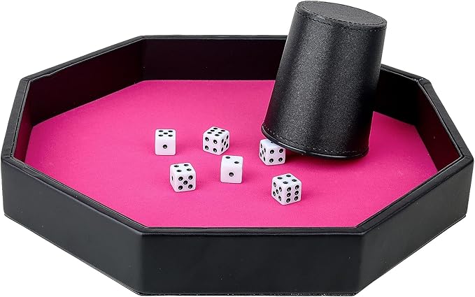 Dice Rolling Tray, Pink Felt Lined PU Leather Octagon Dice Tray for Dungeon Crawler Games