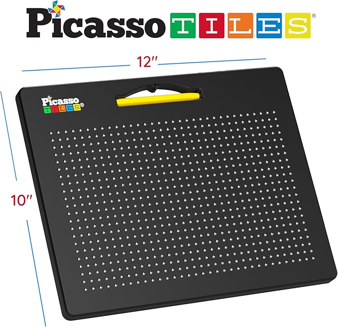 PicassoTiles 2-in-1 Magnetic Drawing Board Toy 12x10 inch Large Magnet Bead Tablet Pad with 2 Facings Alphabet STEM Free Style Educational Erasable & Reusable Learning Writing Playboard in Black PTB04