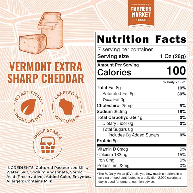 Farmers' Market Vermont Extra Sharp Cheddar Cheese Block 7oz, Shelf Stable, Locally Sourced Wisconsin Cheese, All Natural Cheese Snack, Perfect for Slicing and Shredding, 3-Pack