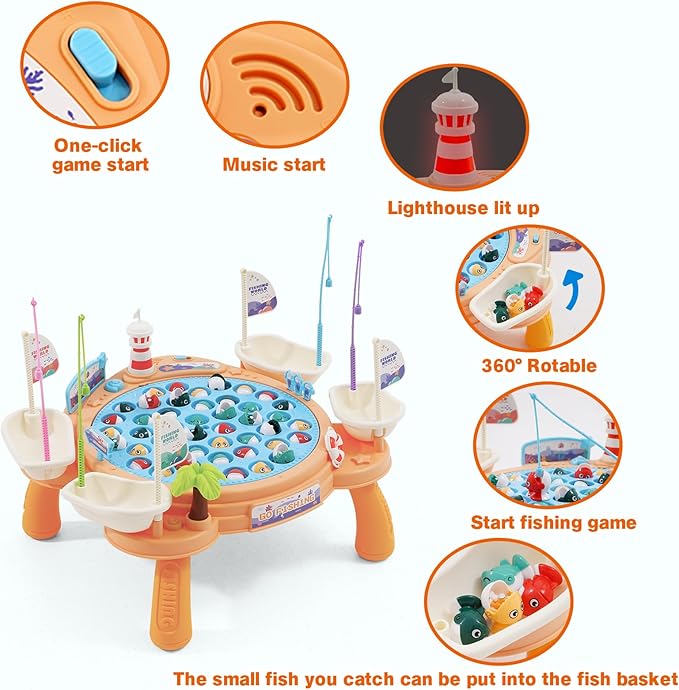 Ark miido Fishing Game Toy Set - 45 Fish, 4 Poles, Rotating Board with Legs On-Off Music Switch Family Board Game Multiplayer Game Toy for Kids Boys and Girls Age 3+