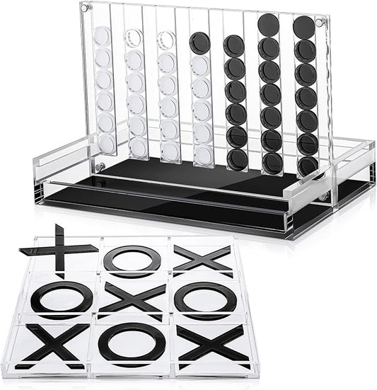 Set of 2 Acrylic Tic Tac Toe and 4 in a Row Classic Board Outdoor Games for Adults and Family Table Strategy Board Games for Living Room Table Guest Room Decor(Black and White)