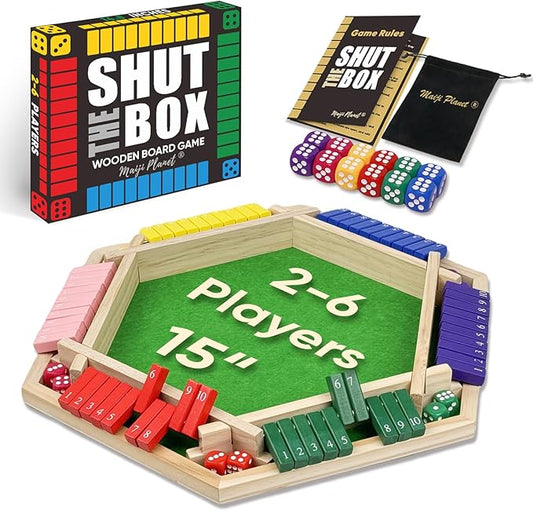 Large Shut The Box for 2 6 Player Math Family Game Night Quick Dice Game for Party Camp Bar Travel Class School Wooden Classic Table Top Board Game for Adult and Kid Group Elder 15"