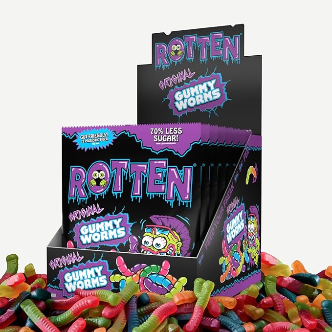 Rotten Original Gummy Worms - Low Sugar, Low Calorie, 7g Gut-Friendly Prebiotic Fiber and 3g Protein, Gluten Free Candy - 1.8 oz - 8-Pack