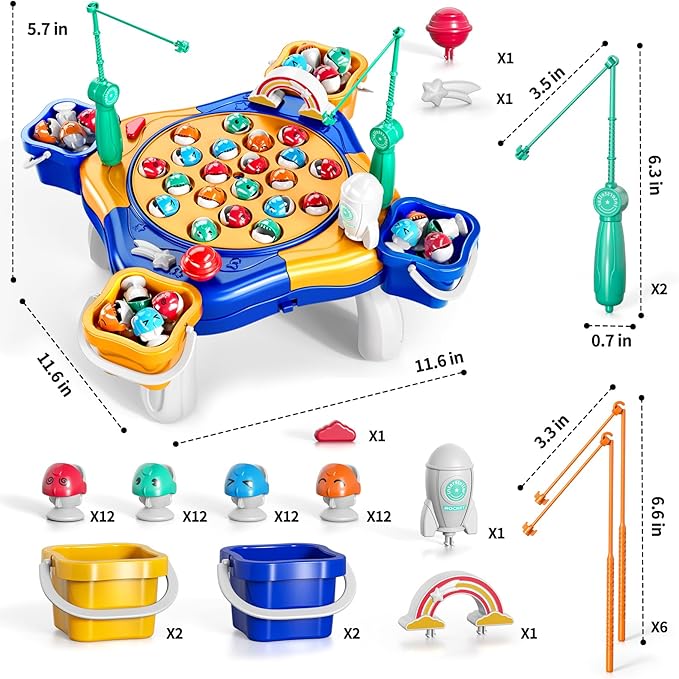 Magnet Fishing Game for Kids Toddlers Aged 3 4 5 6 7 8 - Fishing Toys with 48 Fishes Toys, 8 Poles, Rotating Board Game with On-Off Music, Educational Birthday Gifts for Boys Girls 1-3(Blue)