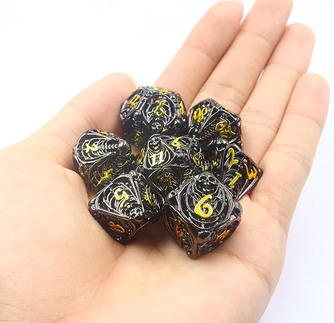 Metal DND Dice Set Skull Dungeons and Dragon Dice Set Hollow Polyhedral Magic 7 PCS Dice Set with Gift Metal Box for Dungeons and Dragons Table Games Play Cards MTG(Skull_Black Plus Gold)