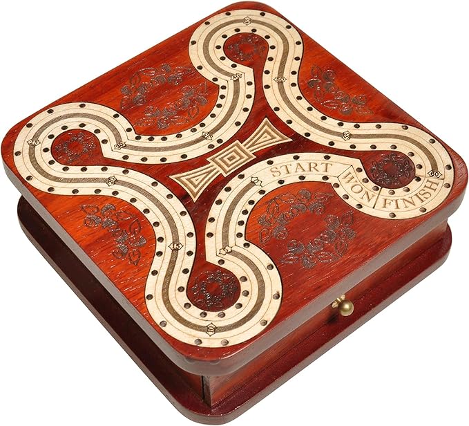 PALM ROYAL HANDICRAFTS 2 Track Wooden Cribbage Board- Two Player Cribbage (60 House) - Alphabet X Track Cribbage Board-2 Decks of Cards and pegs Available (5.5 x 5.5 Inches Small).