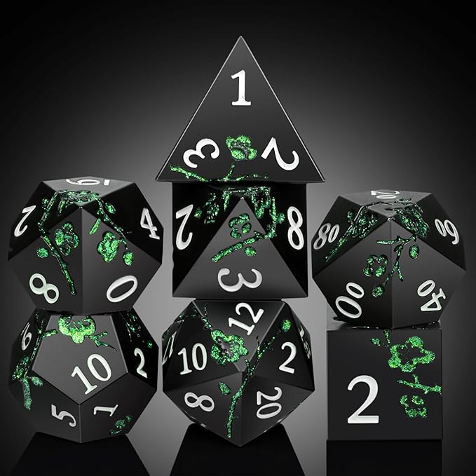 Glitter Green DND Metal Dice, DNDND 7 PCS Flower Metallic DND Dice Set with Gorgeous Gift Case for Dungeons and Dragon Tabletop Game (Matte Black with Glitter Green Flower)