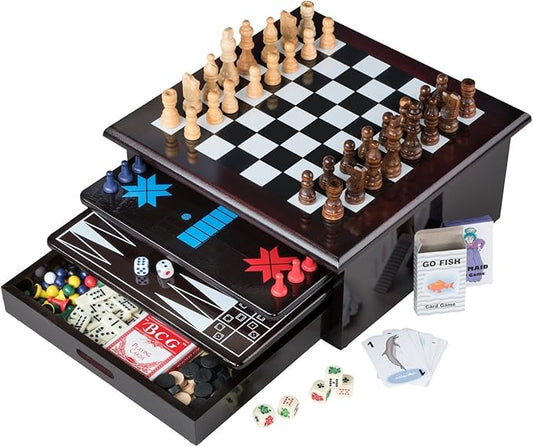Board Game Set - Deluxe 15 in 1 Tabletop Wood-accented Game Center with Storage Drawer (Checkers, Chess, Chinese Checkers, Parcheesi, TicTacToe, SOlitaire, Snakes and Ladders, Mancala, Backgammon, Poker Dice, Playing Cards, Go Fish, Old Maid, and Dominos)