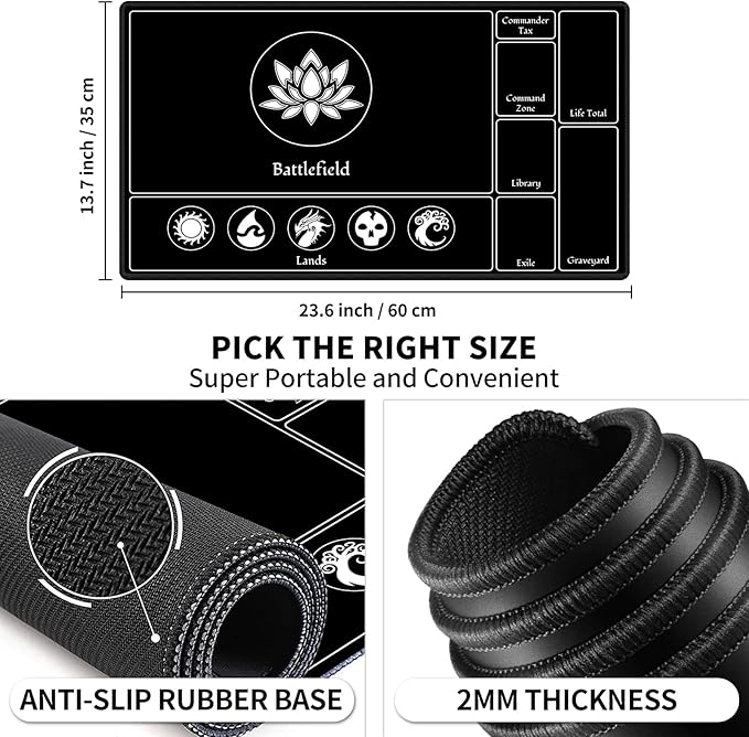 Card Playmat Stitched with Magic Zone for MTG Card Game Playing, Commander Board Game Desk Mat Duel Mat Card Battles Binder Deck 24x14inches for Beginner (Black, Red, 2 Pack)