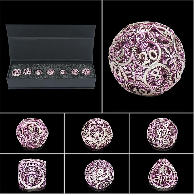 DND Dice,Hollow D&D Metal Dice,Unique Round Ball Design Octopus Dice with Gift Box for Dungeons & Dragon Gaming,7 PCs Steampunk Polyhedral D and D Dic(Octopus Purple)