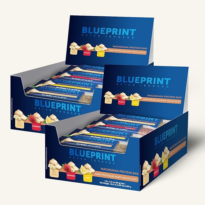 Blueprint by Bryan Johnson Macadamia Nut Protein Bars – Variety Pack Protein Bars - Lemon, White Cocoa & Raspberry – Vegan, Low Sugar, Keto-Friendly Snacks – Non-GMO, Raw Nut Bar– 9g Protein – 12 Pack