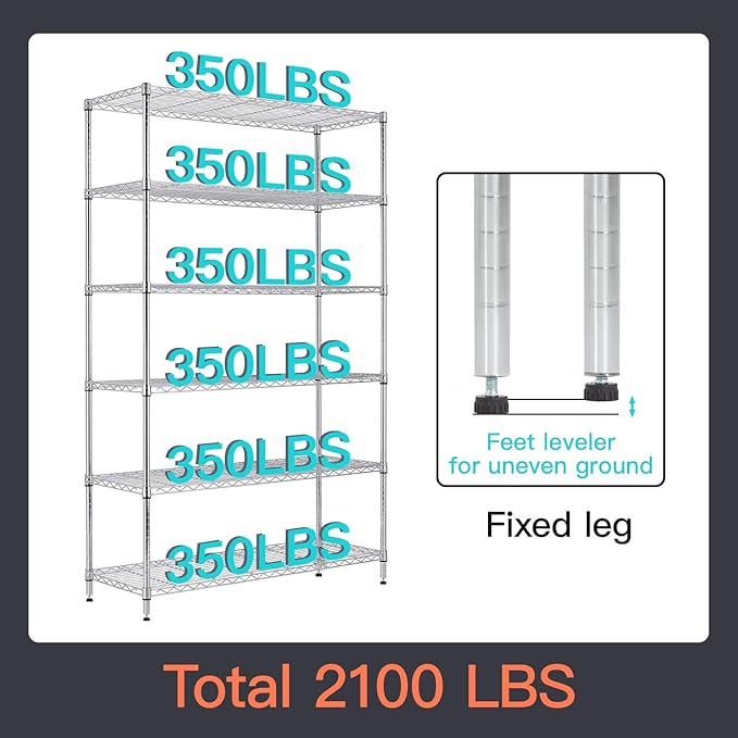 48" D×18" W×82" H Wire Shelving Unit Metal Shelf with 6 Tier Casters Adjustable Layer Rack Strong Steel for Commercial Restaurant Garage Pantry Kitchen Garage，Chrome