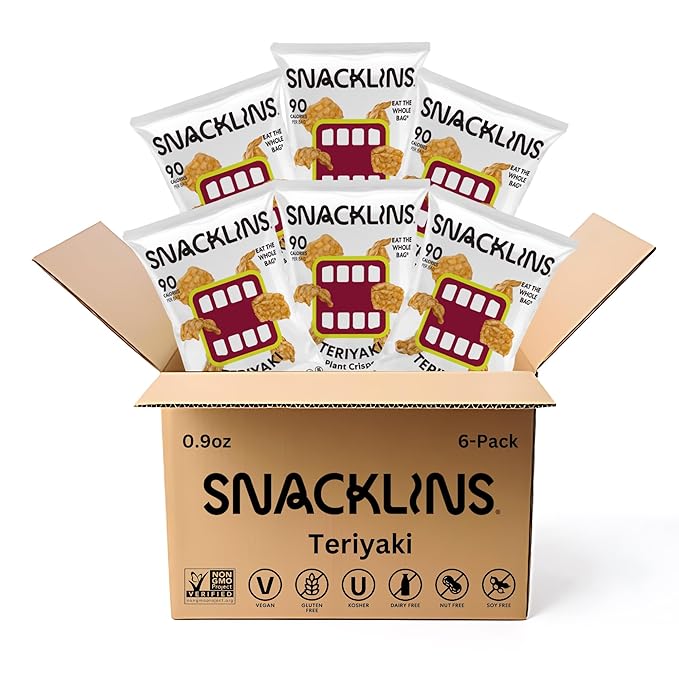 SNACKLINS Plant Based Crisps TERIYAKI - Gluten Free, Grain Free, 100% Kosher, Vegan Healthy Snacks, Crunchy Puffed Snack, Only 90 Calories Per Bag - .9oz Bag (Case of 6)