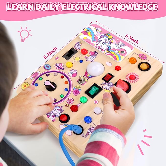 Unicorn Busy Board, Montessori Wooden Toddler Toys, Sensory Travel Toys, Ideal Gift for 1+ Year Old Girls (Unicorn Busy Board Plus V2)