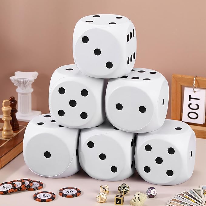 6 Pcs 4" Large Foam Dice Giant Cube with 6 Sided Number Dots Jumbo Soft Slow Big PU Foam Stress Ball for Party Game Math Learning Props Stress Relief Gifts(White)