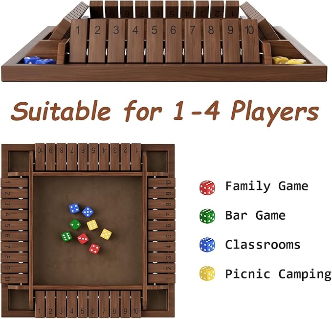 Shut The Box Game Wooden 1 2 3 4 Players Shut The Box Board Games with 8 Dice Math Addition and Pub Close The Box Game Wodden for Kids & Adults 12 Inch