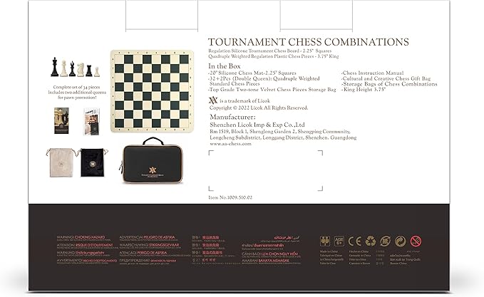 A&A Tournament Chess Set/ 20''x20'' Foldable Silicone Chess Board / 3.75'' King Height Plastic Quadruple Weighted Classic Staunton Pieces/Storage Bag for 6 Years Old - 2 Players