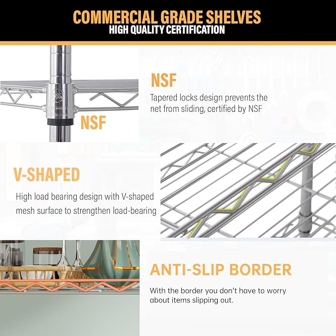 5-Tier Shelves Height Adjustable Storage Shelves Shelving Unit 21”Dx11”Wx48”H Wire Shelving NSF Certified Storage Shelf with Leveling Feet for Home Kitchen Garage, Chrome