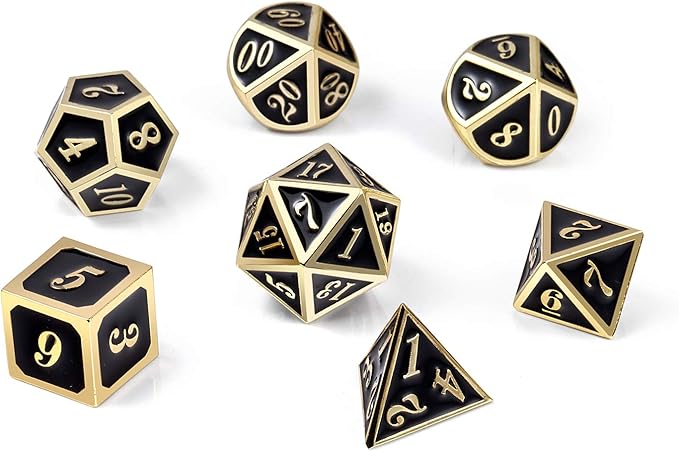 DNDND Metal Dice Set D&D, 7 die Metallic Polyhedral Dice Set with Gift Metal Box and Gold Number for DND Dungeons and Dragons Role Playing Games (Black and Gold)