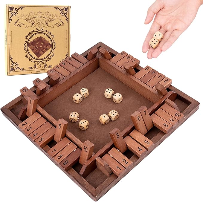 Shut The Box Game Wooden 4 Player, Classic Board Game for Kids & Adults, Educational Math Learning Toy, Table Dice Game for The Party Family or Bar - 12 Inch with 8 Dice